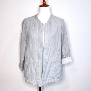 EILEEN FISHER Organic Linen & Cotton Gauze Open Front Jacket MED Gray Pockets